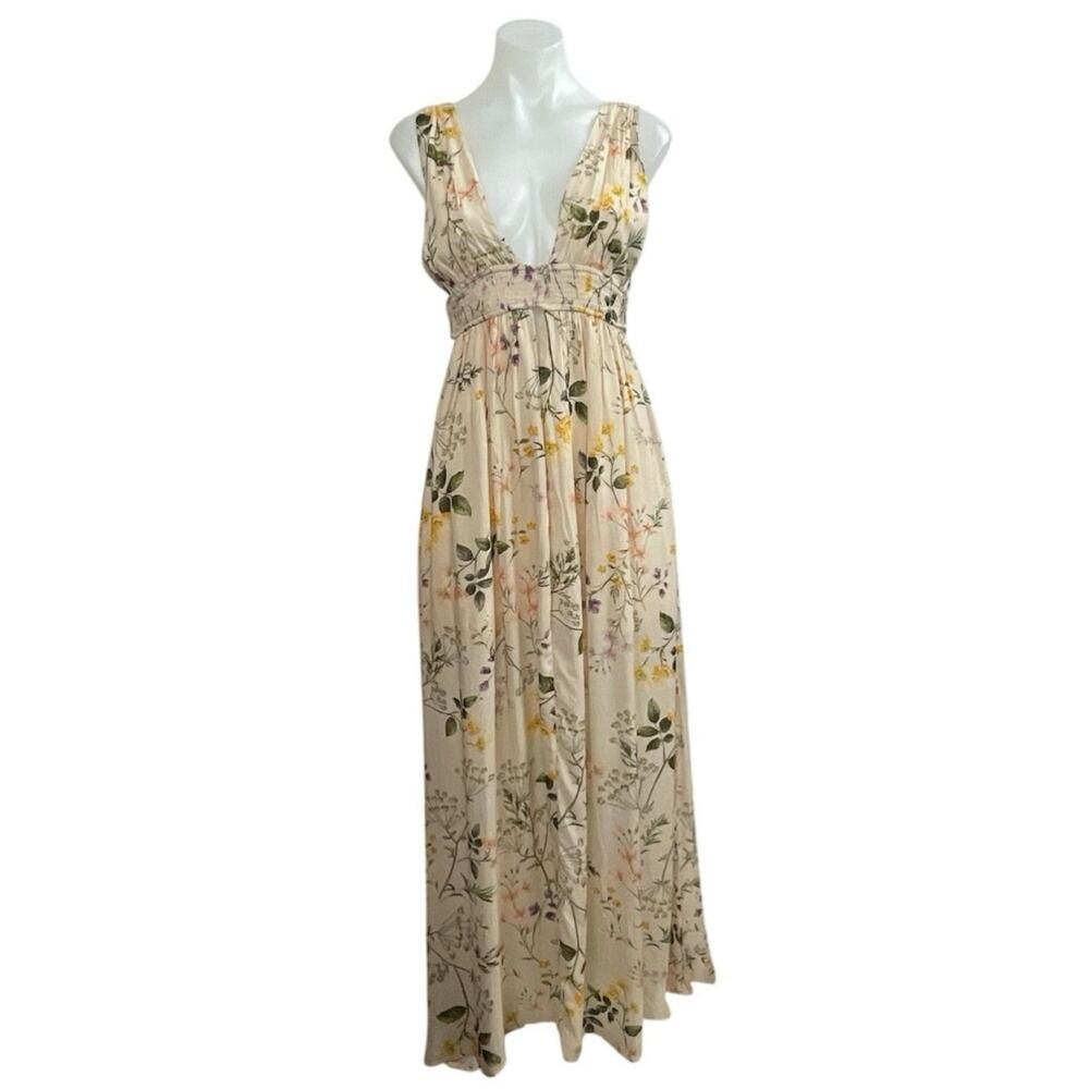 NEW Olivaceous Floral V Neck Smocked Sleeveless Maxi Tank Flare A-Line Dress S